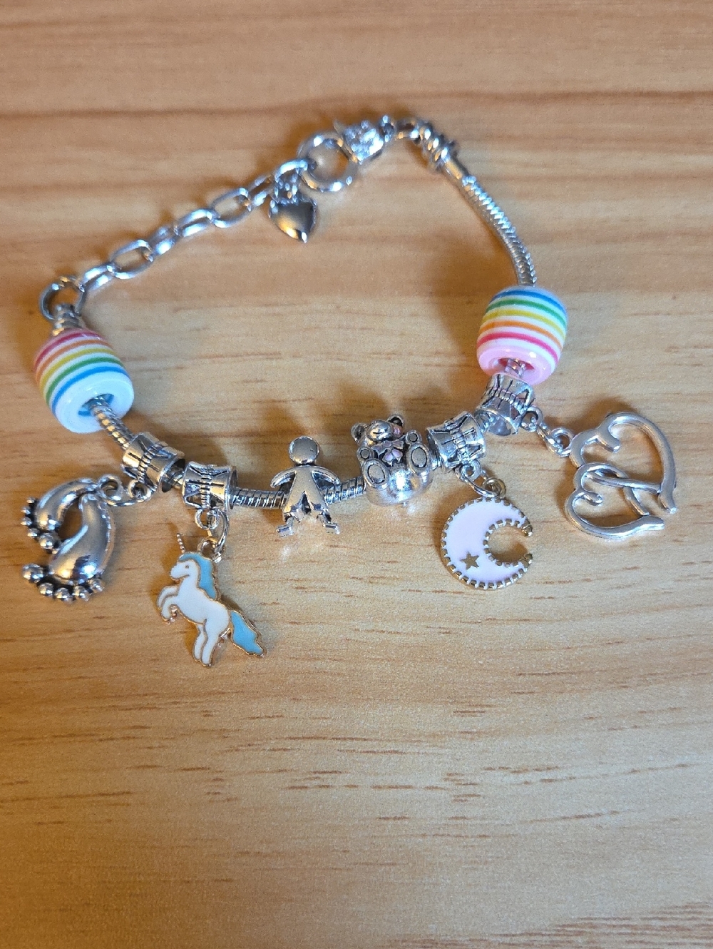 Silver Charm Bracelet with Rainbow Beads & Unicorn Charm - Women's Bracelet